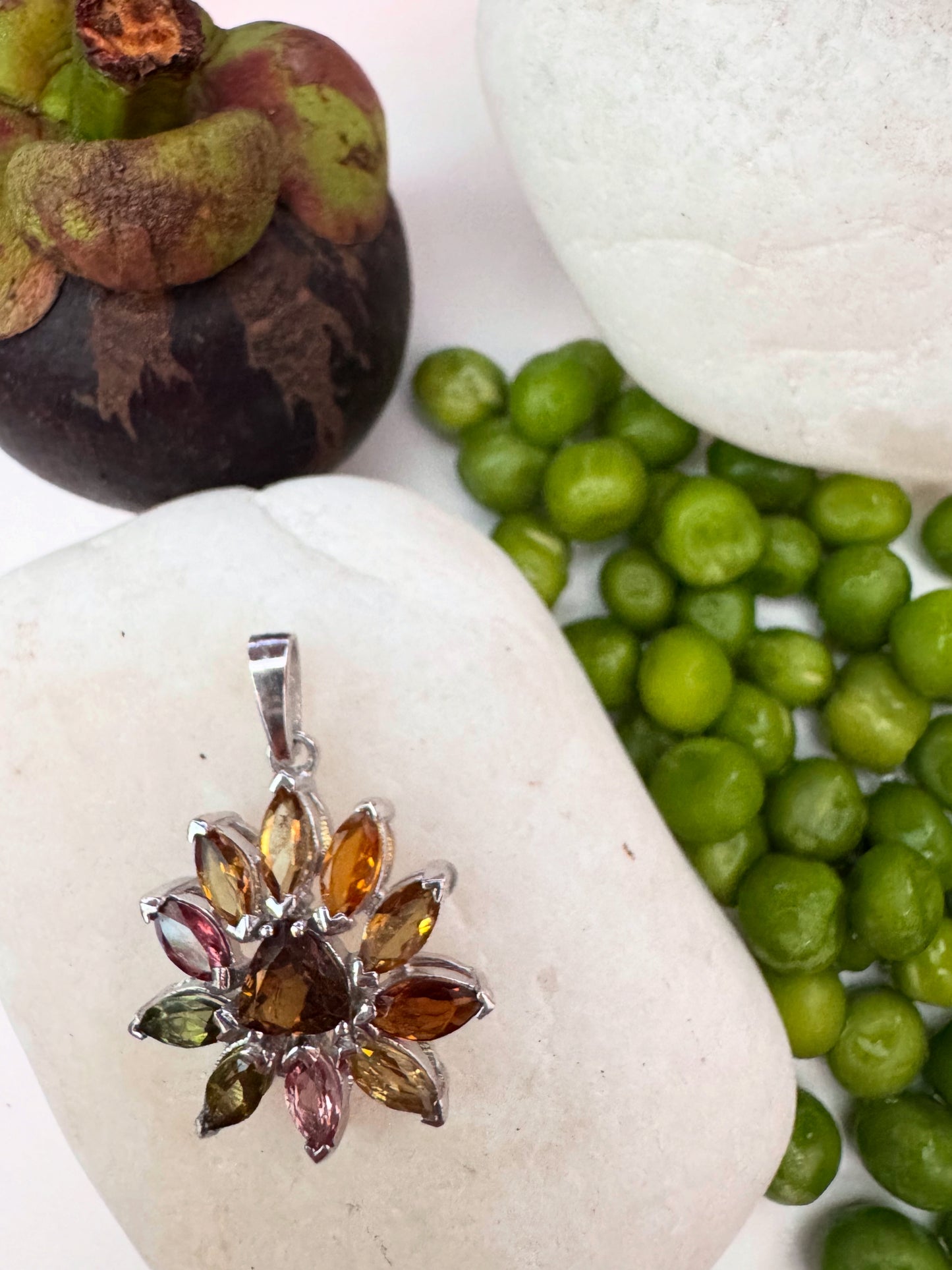 Multi-Tourmaline Sterling Silver Floral Pendant