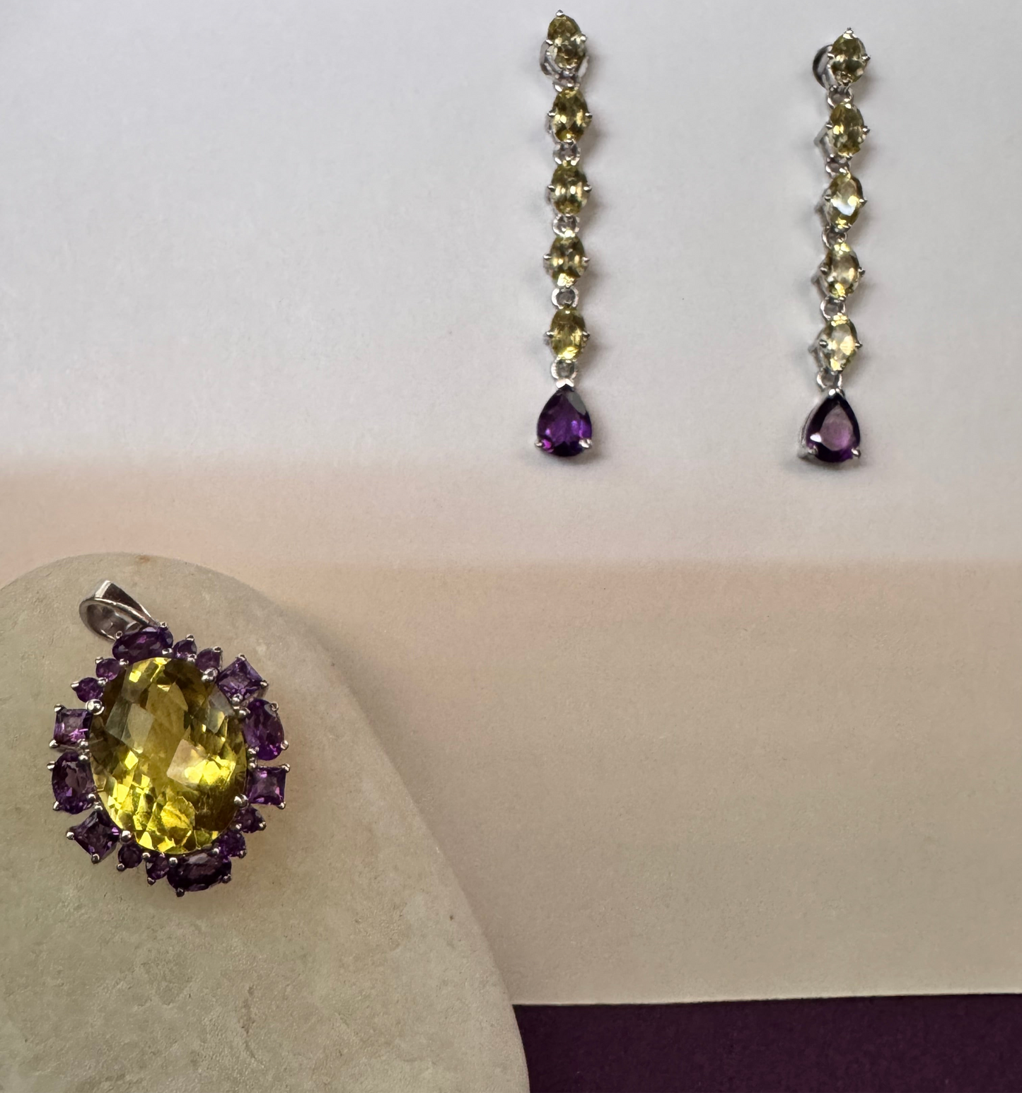 Lemon topaz pendant with Amethyst drop earrings